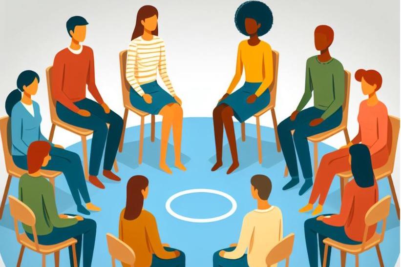 Cartoon individuals sitting in chairs in a circle